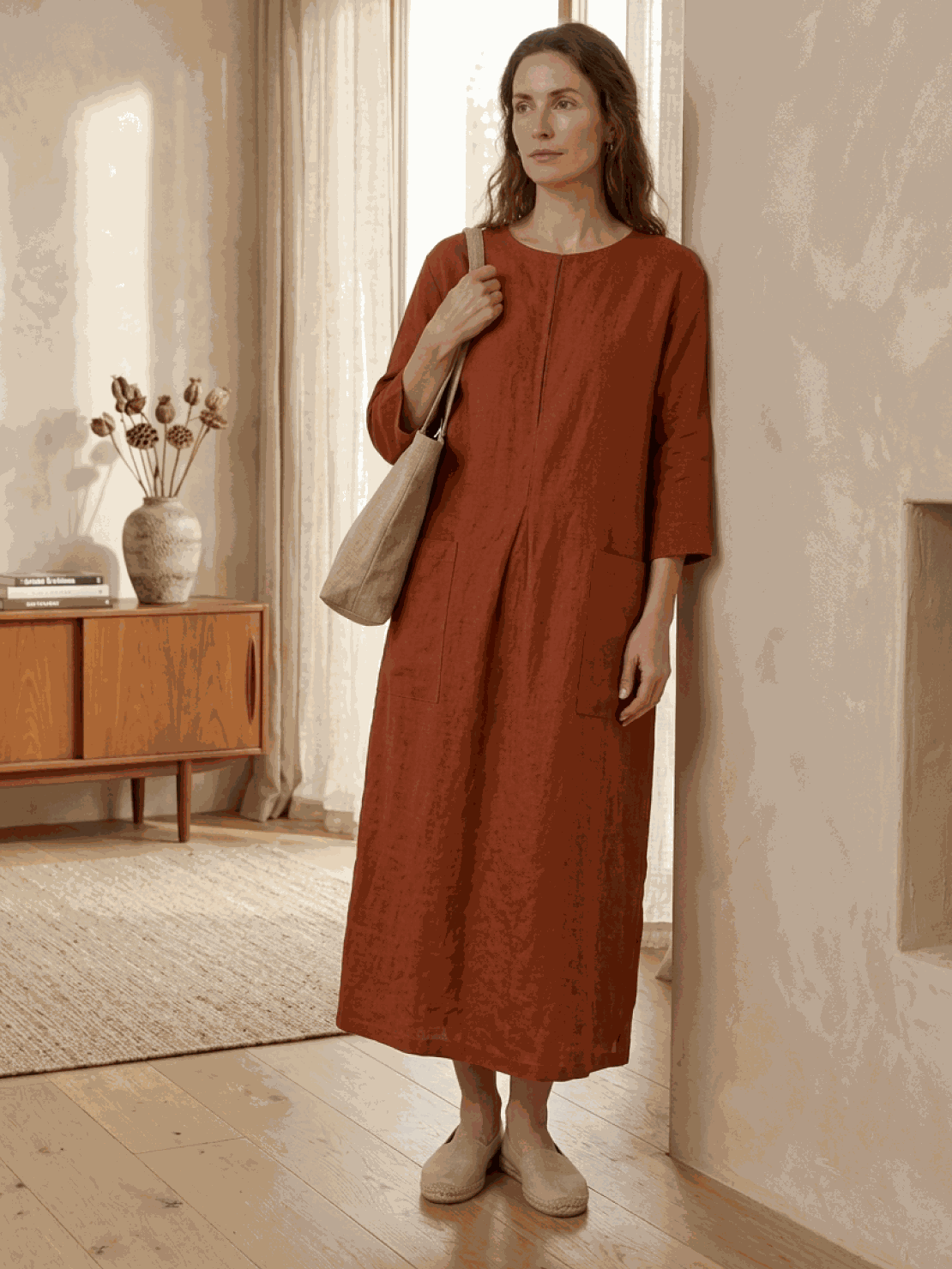 Ankle-length 100% cotton A-line maxi dress with 3/4 sleeves and large hip pockets