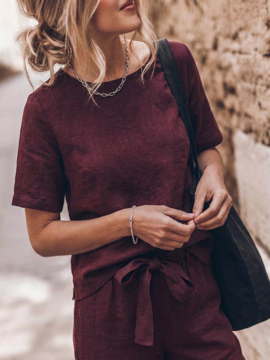 Three-piece cotton-linen set with relaxed short-sleeve top and straight-leg pants in a breathable monochrome fabric
