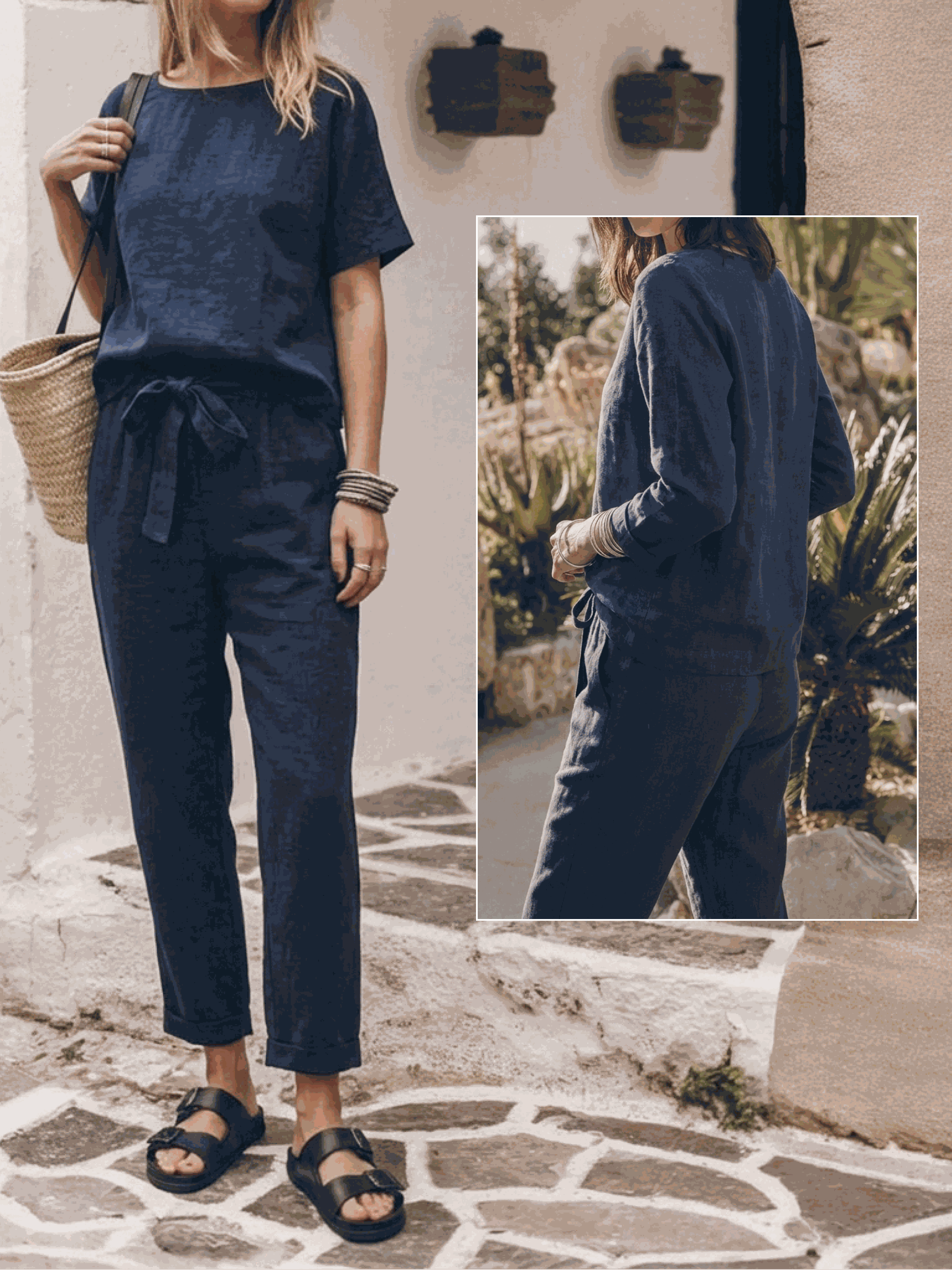 Flat lay of breathable cotton-linen set featuring relaxed short-sleeve top and straight-leg pants in monochrome tones