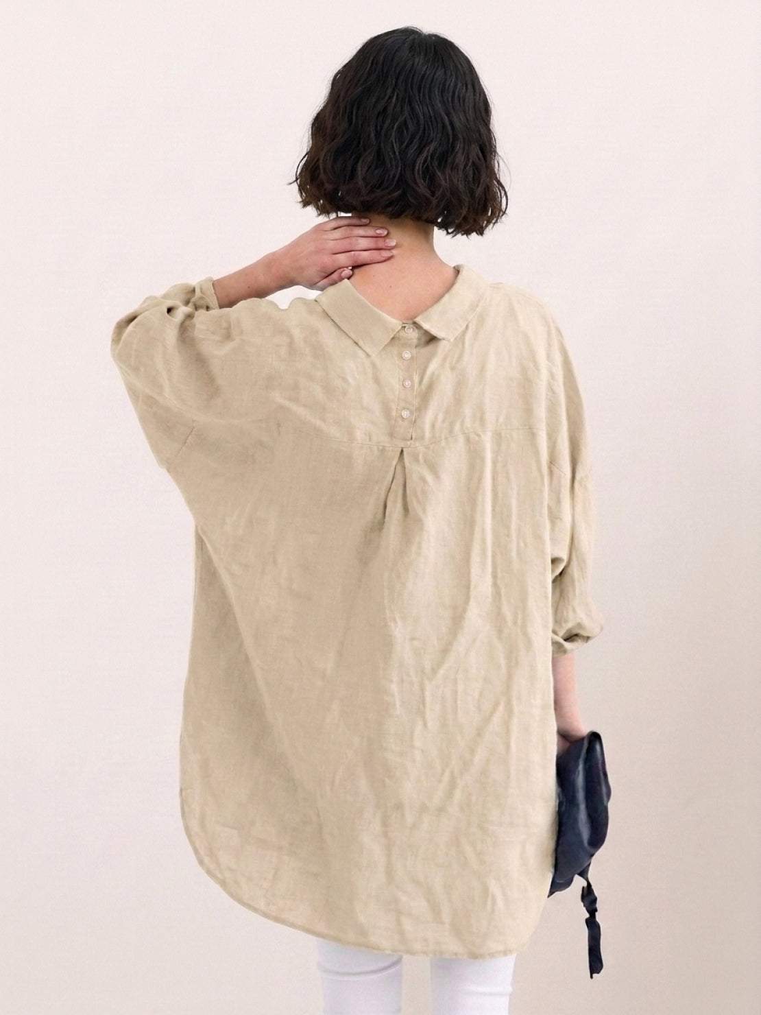 oversized relaxed 100% cotton linen shirt with dropped shoulders and back pleat detail