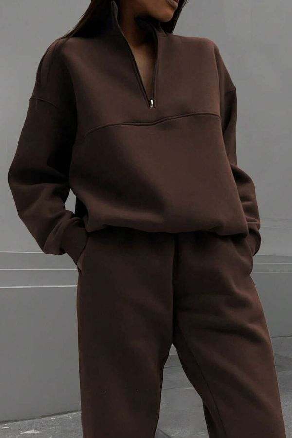 Classic Airplane Set brown cotton blend pullover and joggers tracksuit with zipper collar and tapered ankle fit