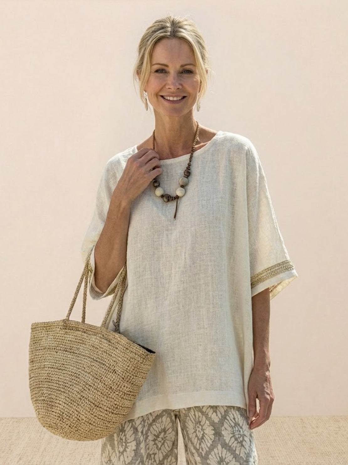 Coastal Comfort Linen two-piece set with lace details and breathable fabric on mannequin