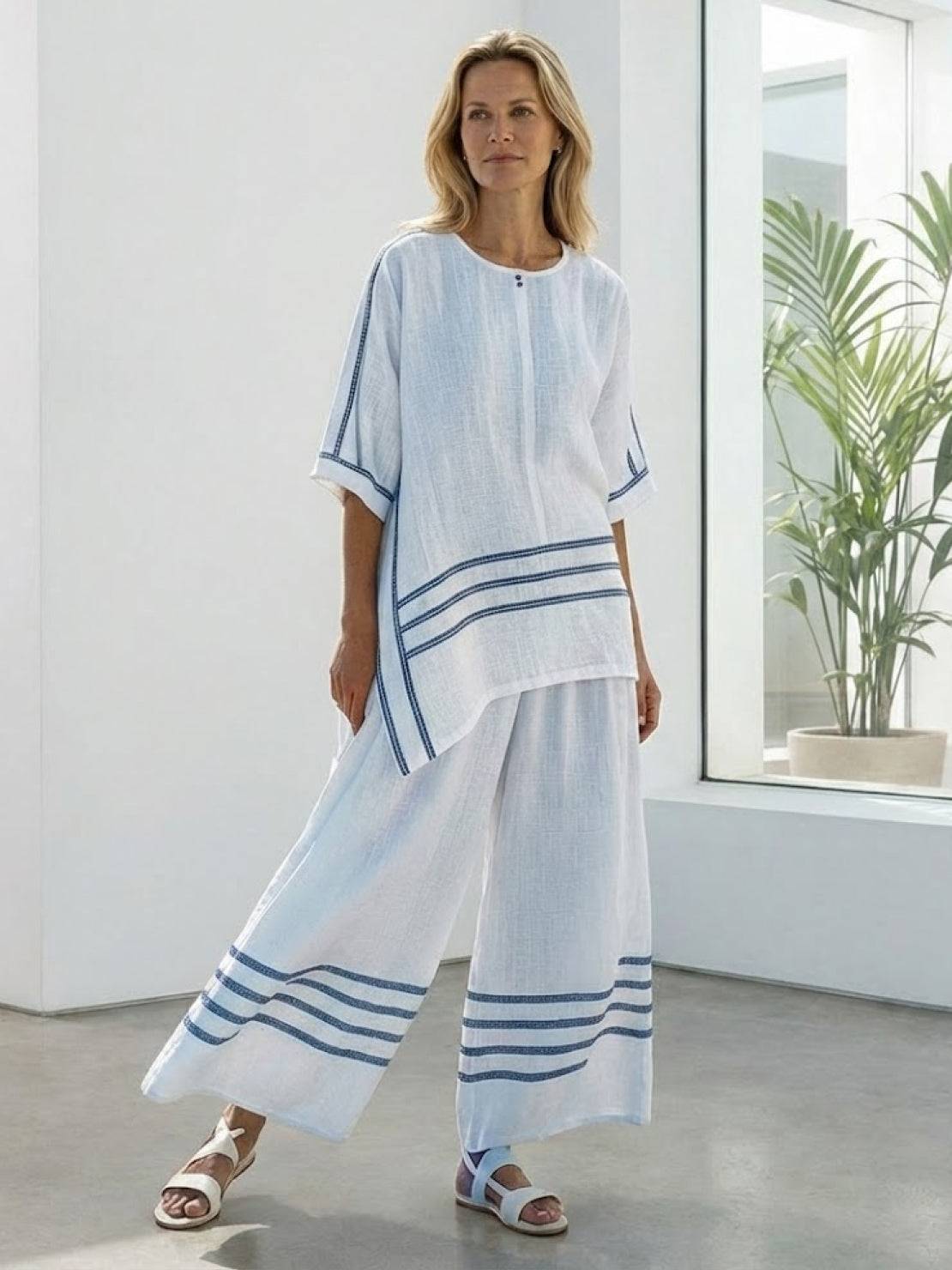 Coastal Comfort Linen two-piece set with lace details and breathable fabric