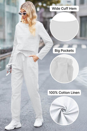Woman wearing relaxed longline top and fluid wide-leg pants set in monochrome cotton-linen fabric with wide cuff hem and big pockets Cotton-Linen Monochrome