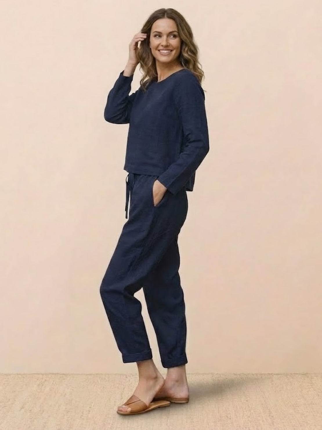 Cotton-linen monochrome women's longline top and wide-leg pants set in relaxed fit