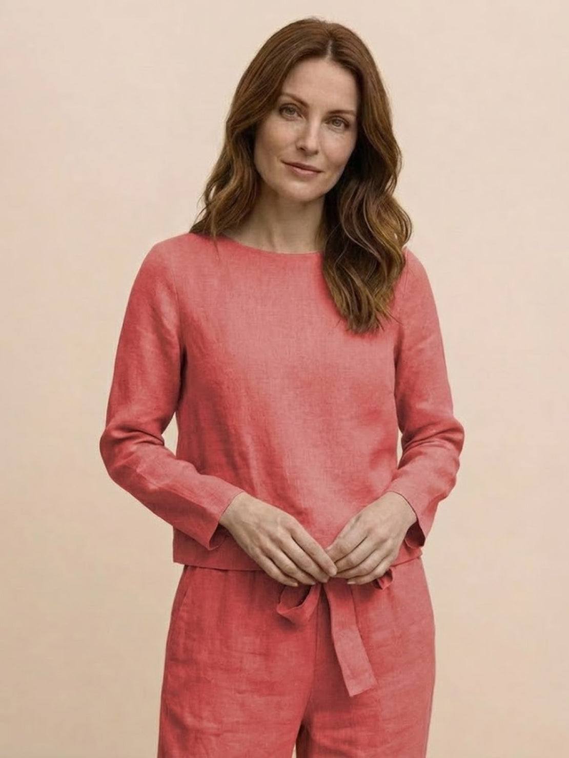 Cotton-linen monochrome relaxed longline top and wide-leg pants set in neutral tones