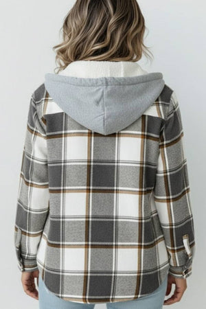 Back view of Highland Plaid Shacket with hood, plaid pattern, and fleece lining