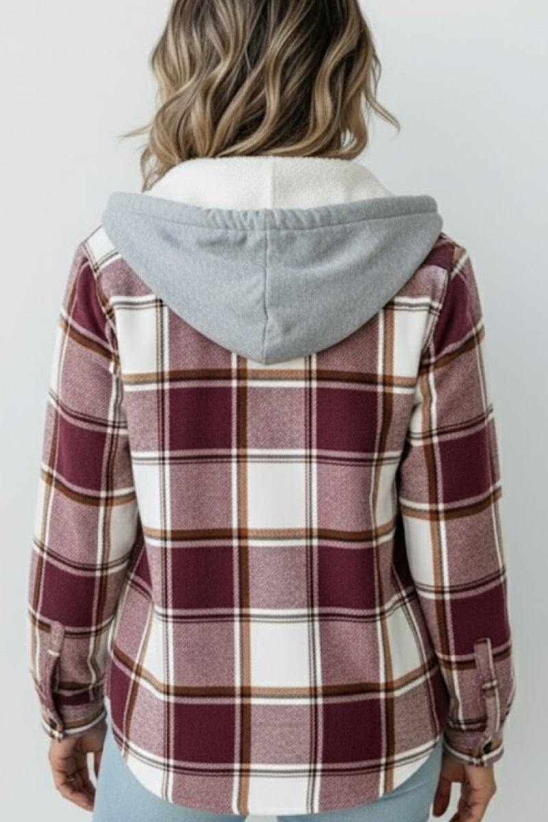 Back view of Highland Plaid Shacket with burgundy plaid pattern, grey hood, and fleece lining.
