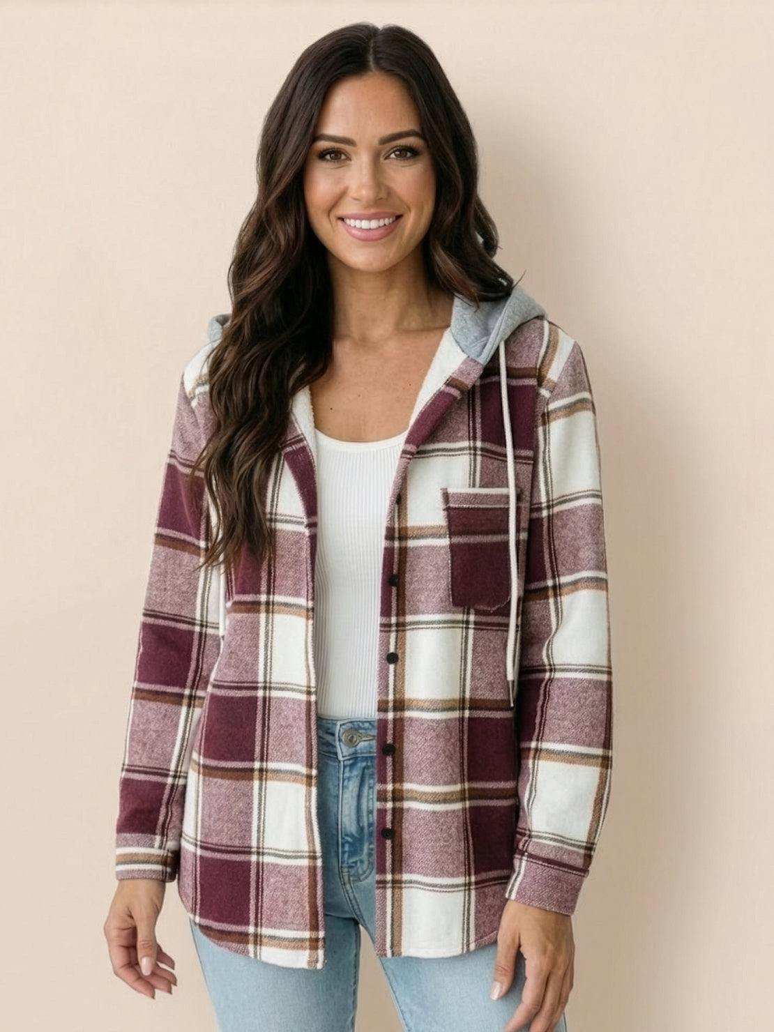 Highland Plaid Shacket with soft fleece lining and hooded relaxed fit in classic plaid pattern