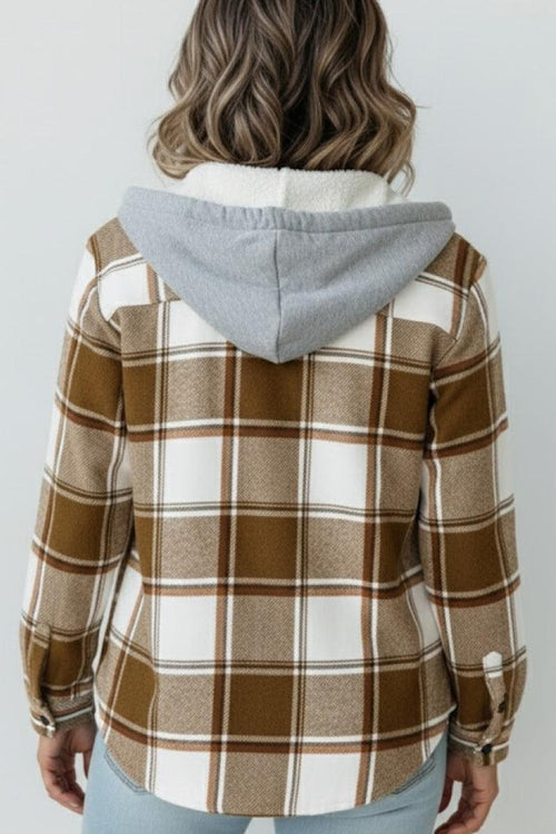 Back view of woman wearing Highland Plaid Shacket with brown and white plaid, gray hood, and fleece lining.