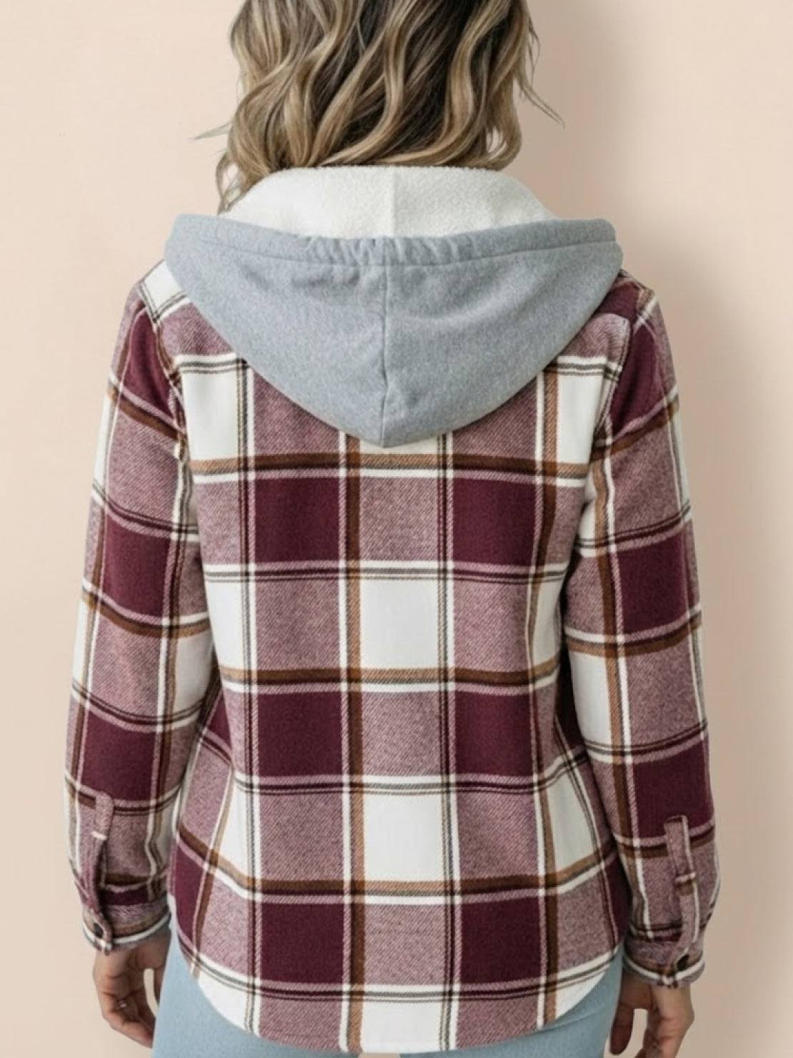 Highland Plaid Shacket women's cozy fleece-lined plaid overshirt with hood and button-front closure
