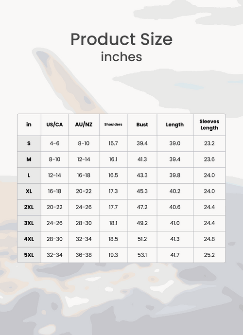 Size chart for Oversized Long Zip Sweatshirt hoodie showing measurements in inches for US/CA and AU/NZ sizes including shoulders, bust, length, and sleeve length