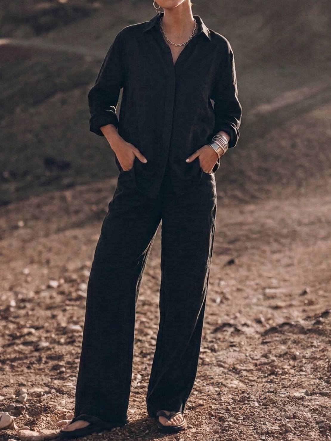 Model wearing oversized 100% cotton shirt and wide-leg pants co-ord set in relaxed fit