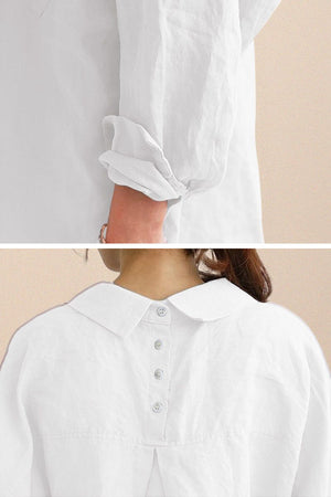 Close-up of white oversized linen shirt sleeve and back button detailing