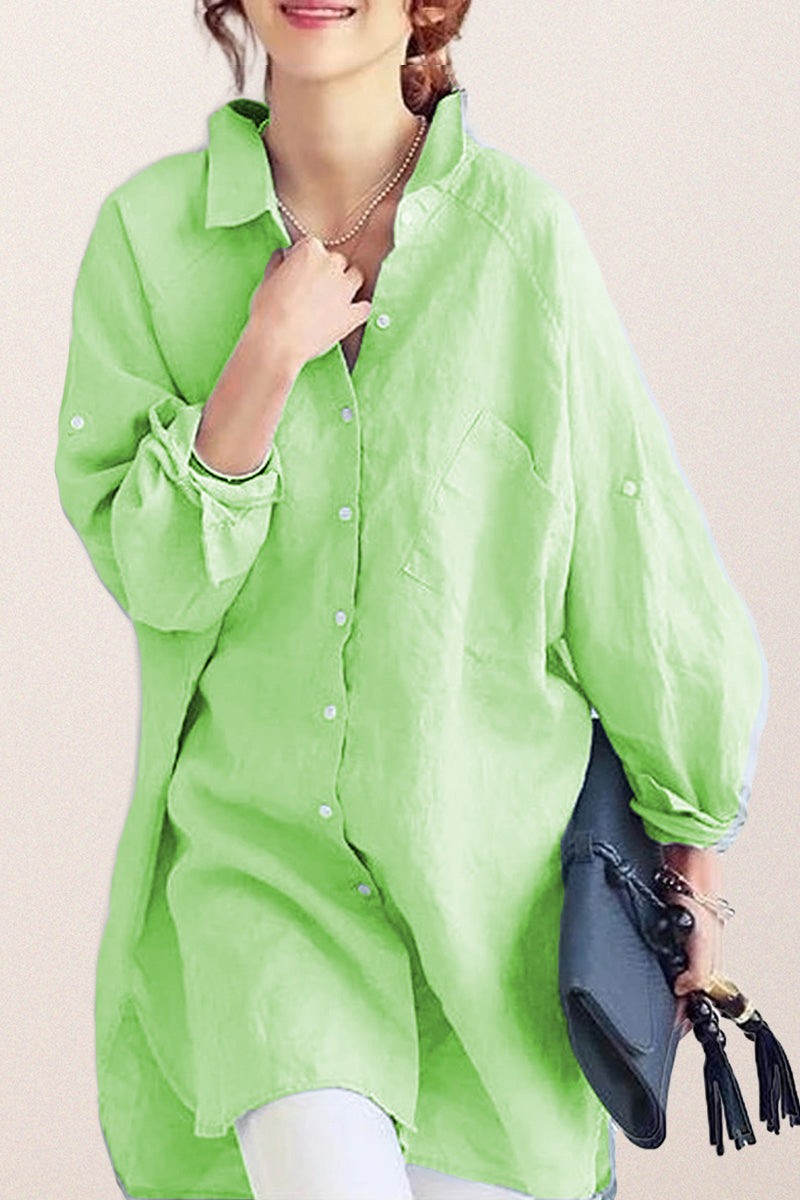 Oversized bright green linen and cotton blend shirt with relaxed fit and button details