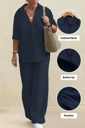 Oversized 100% cotton shirt and wide-leg pants co-ord set in navy blue with collared neck, button-up front, and pockets for breathable comfort and relaxed style