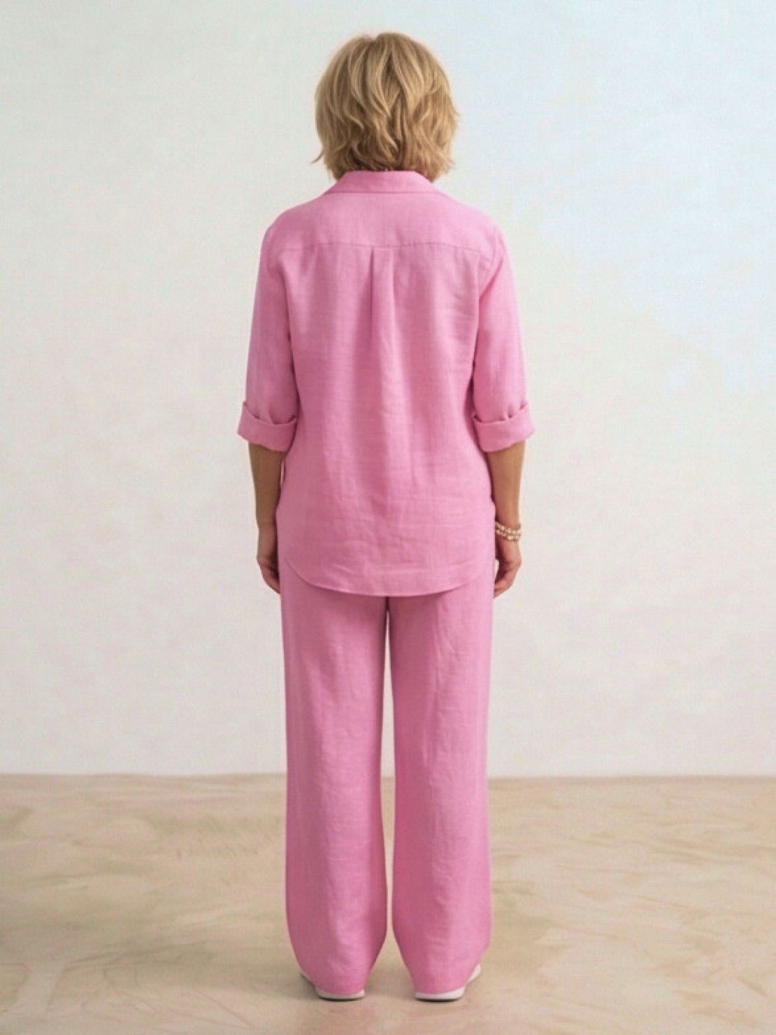 Woman wearing oversized 100% cotton shirt with wide-leg pants co-ord set in relaxed style