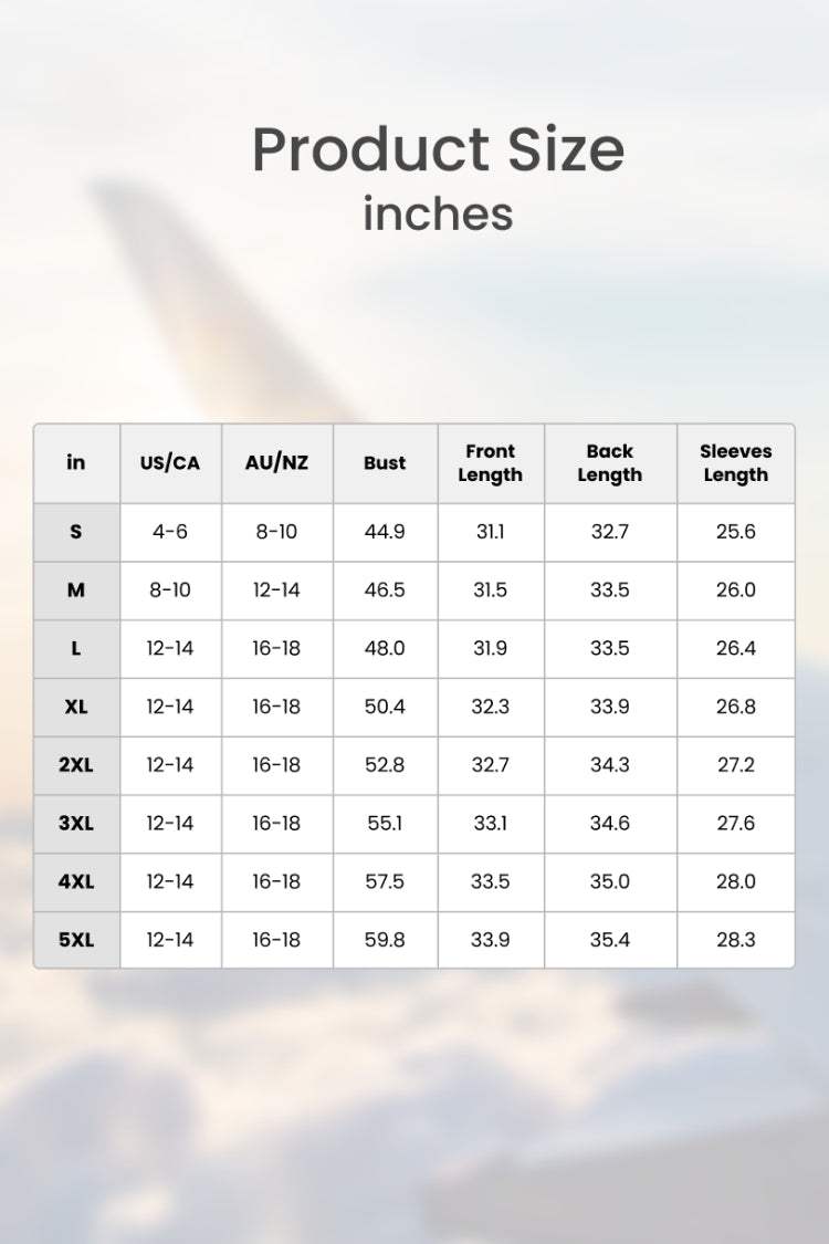 Size chart for oversized linen shirt showing bust, front length, back length, and sleeve length in inches from S to 5XL