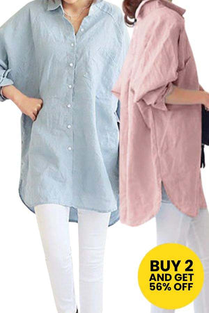 Two oversized linen shirts in light blue and dusty pink, worn with white pants, promotion badge for buy 2 get 56% off.