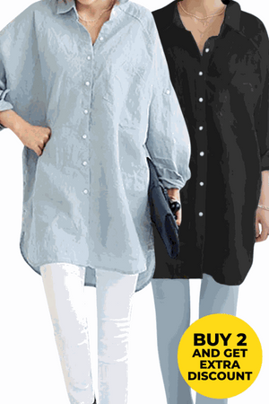 Oversized linen shirts in light blue and black with long sleeves and button-down collars, breathable and casual style