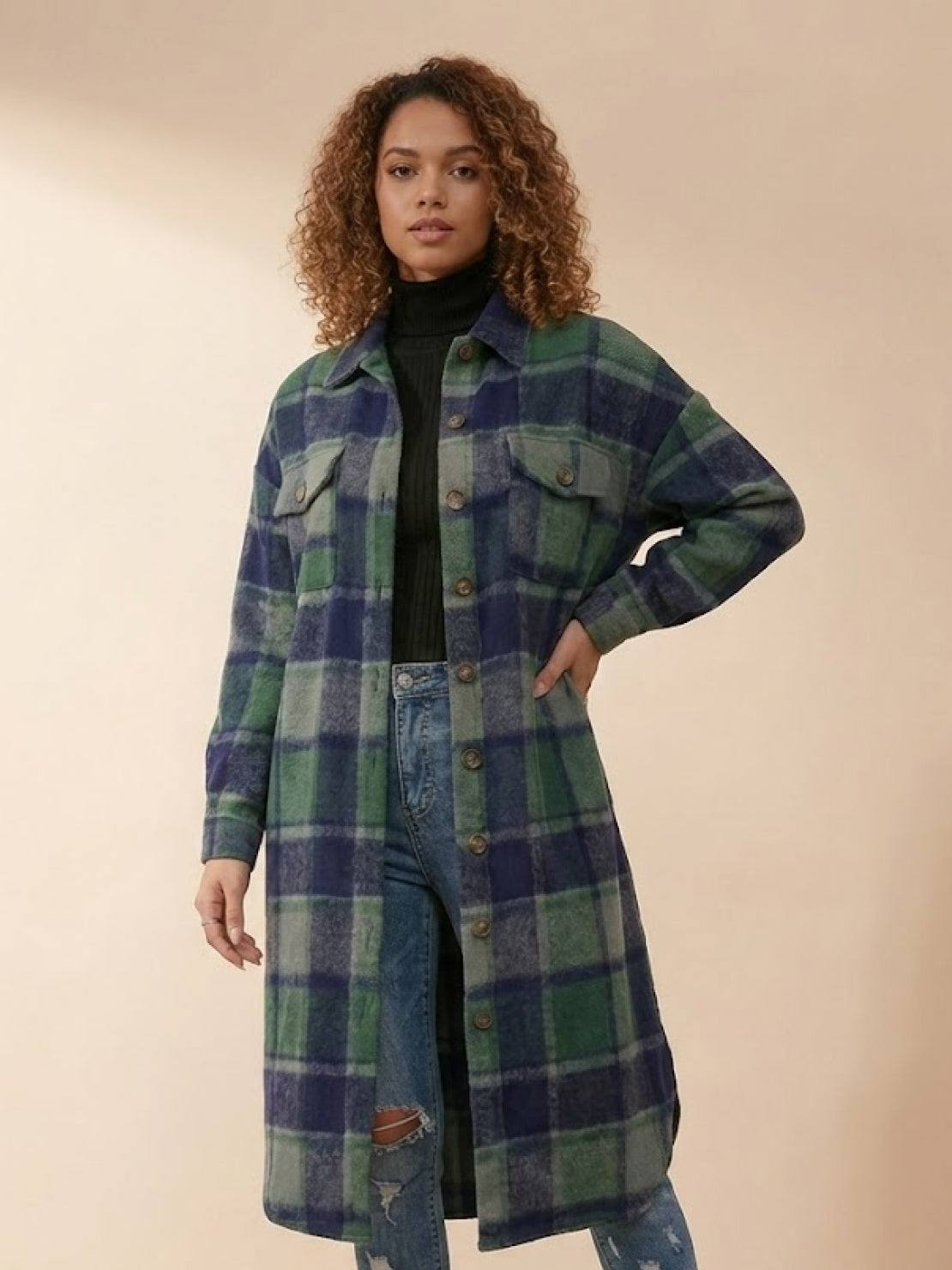 Oversized medium-length blue plaid wool-blend shacket with relaxed fit and functional pockets