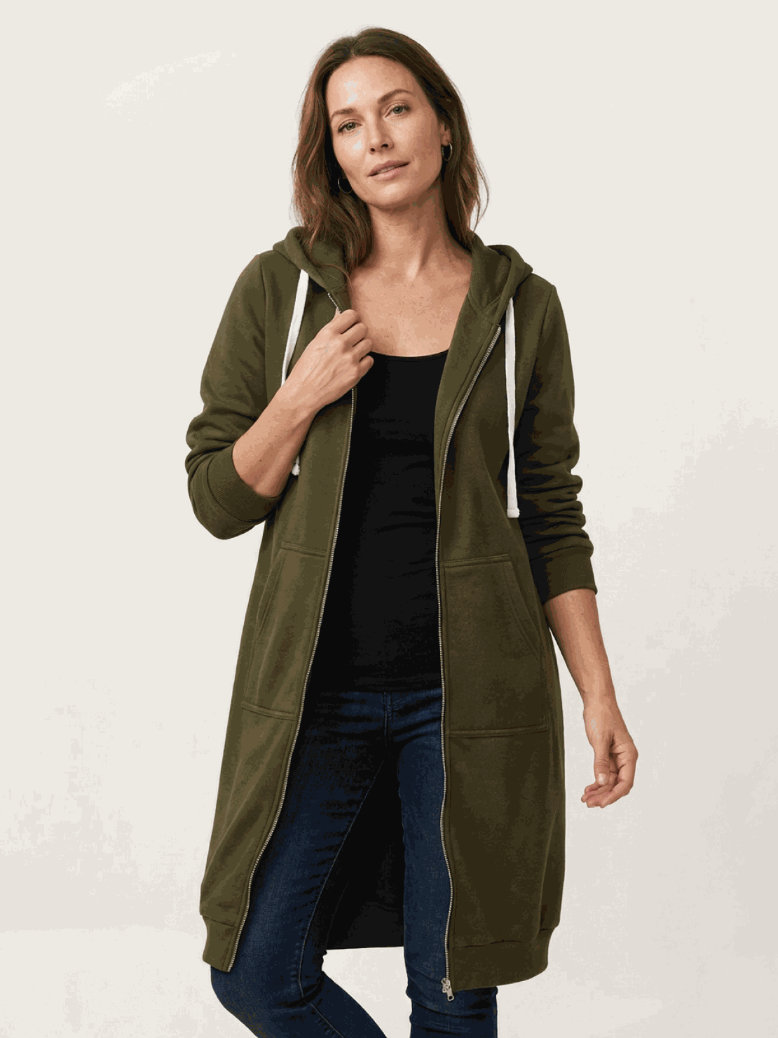 Oversized long zip sweatshirt hoodie with fleece lining and drawstring hood in solid color