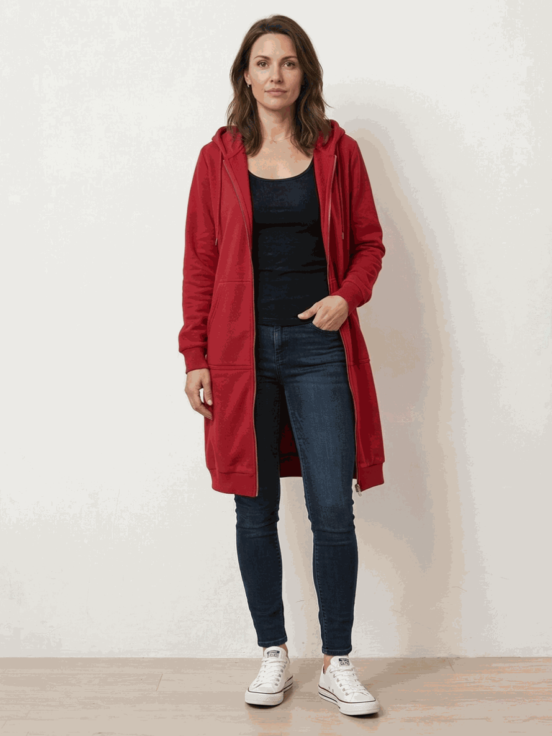 Oversized long zip sweatshirt hoodie with fleece lining, drawstring hood, and large front pockets for casual layering