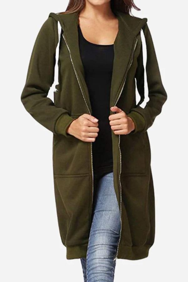 Olive oversized long zip sweatshirt hoodie with fleece lining and front pockets