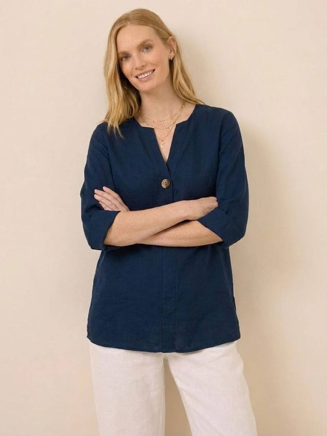 Stylish pure linen age-defying shirt with button detail and breathable fabric