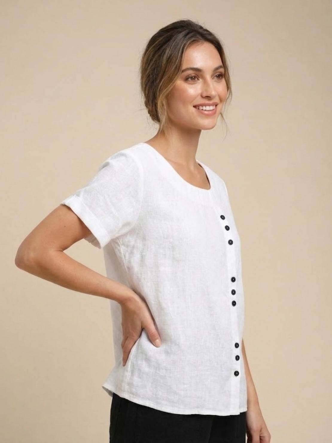 Relaxed Fit Linen Button-Up Tee with breathable cotton linen fabric and stylish button detail