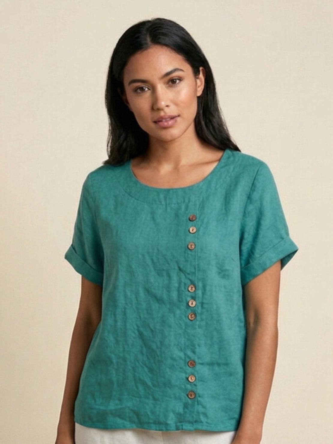 Relaxed Fit Linen Button-Up Tee with breathable cotton-linen fabric and stylish button detail