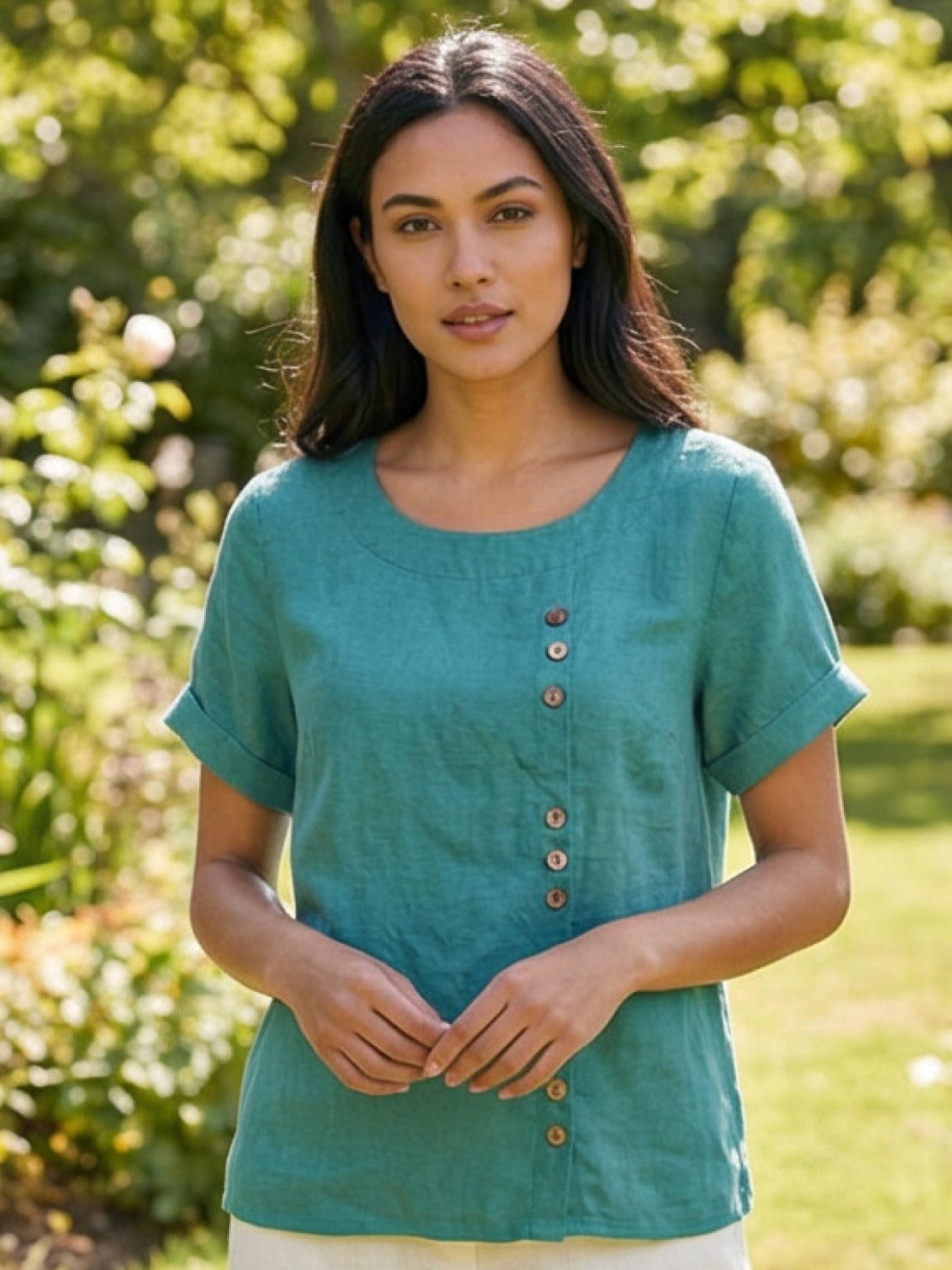 Relaxed Fit Linen Button-Up Tee in breathable cotton linen with button detail and loose fit for comfort