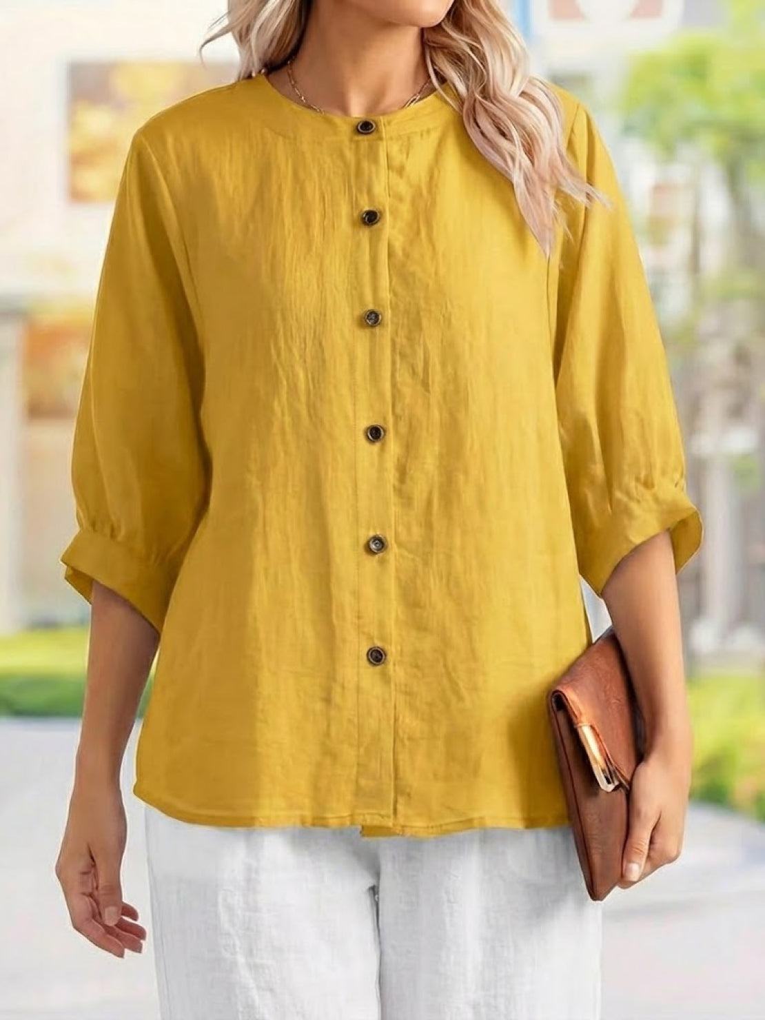 Relaxed loose breathable linen yellow blouse with button front and 3/4 sleeves