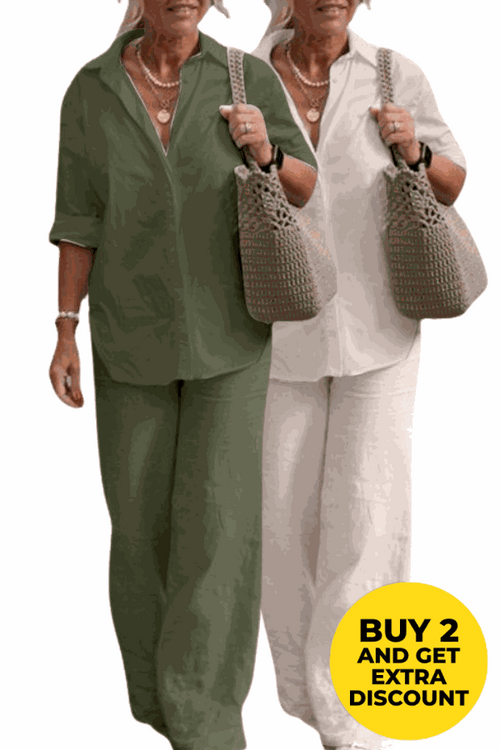 Two women wearing relaxed shirt and trousers two-piece sets in army green and white colors, holding woven handbags.