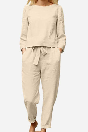 100% cotton linen beige monochrome two-piece women's set with long sleeves and relaxed fit pants