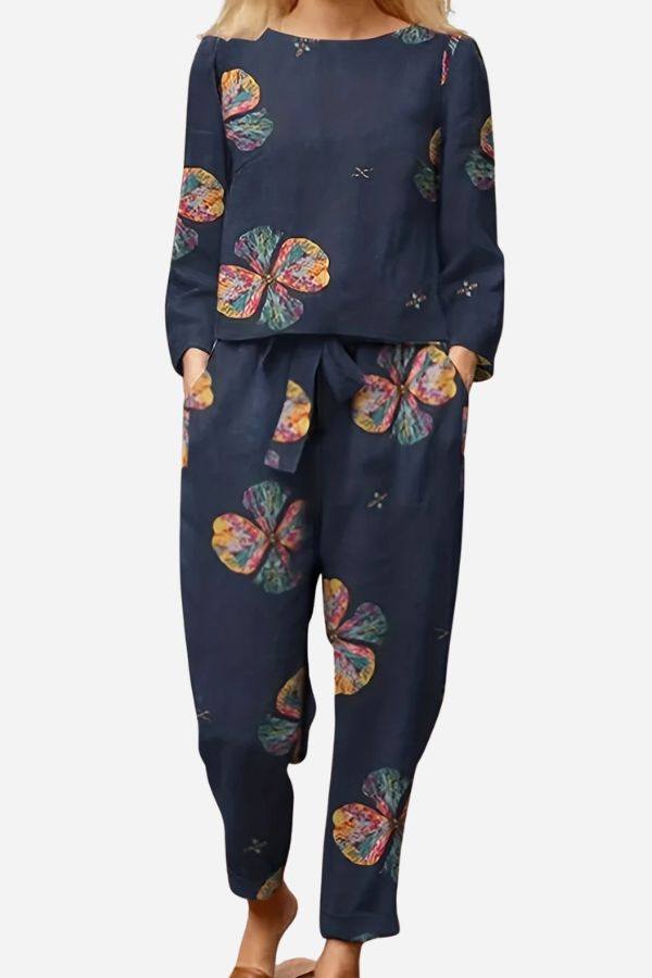 Retro Patterned Linen Two-Piece Set