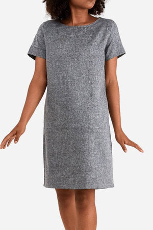 Gray short sleeve shift dress with round neck and knee-length hem