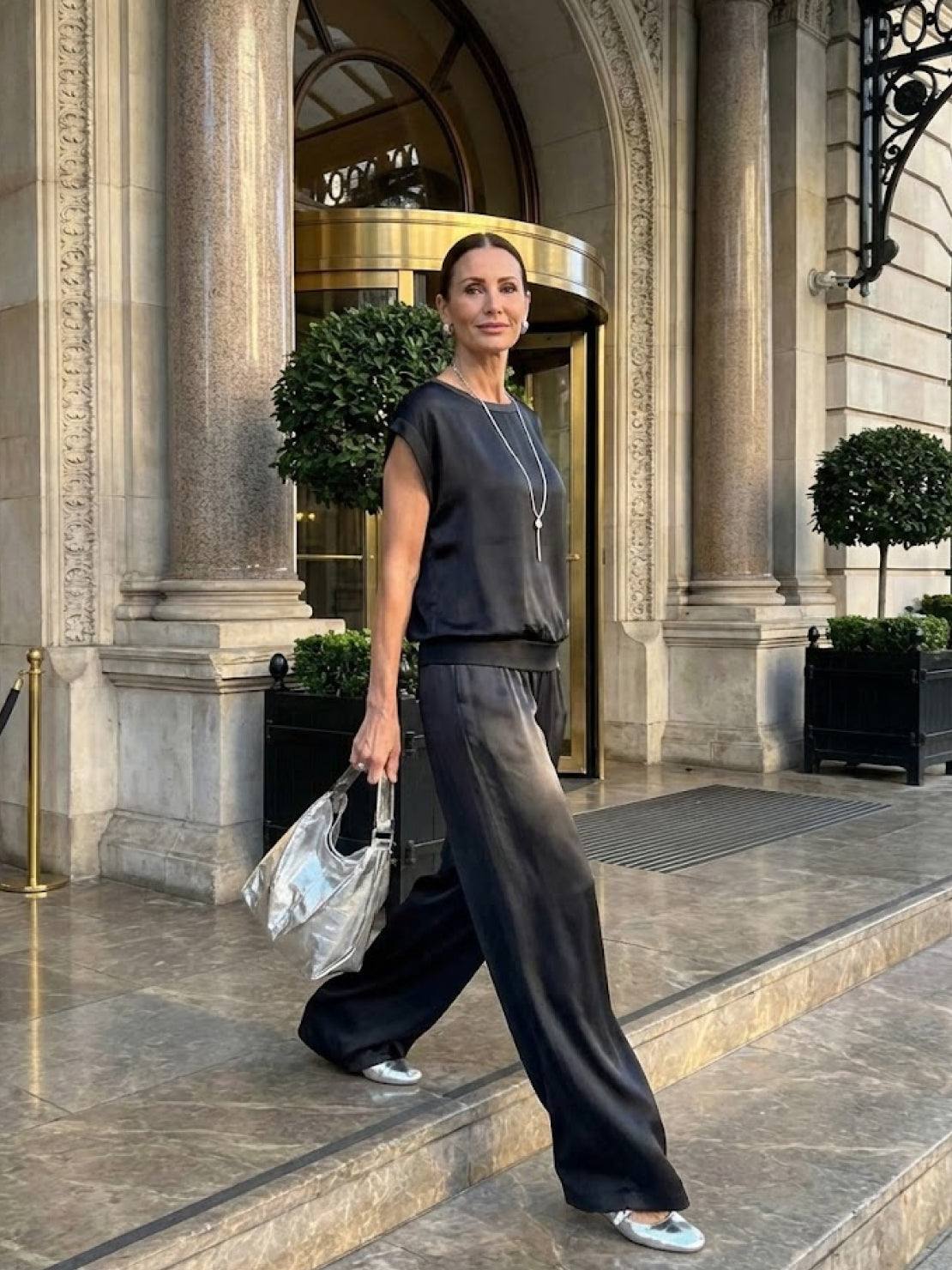 Elegant Silken Escape Satin Two-Piece Set with flowing top and wide-leg pants for comfortable all-day wear