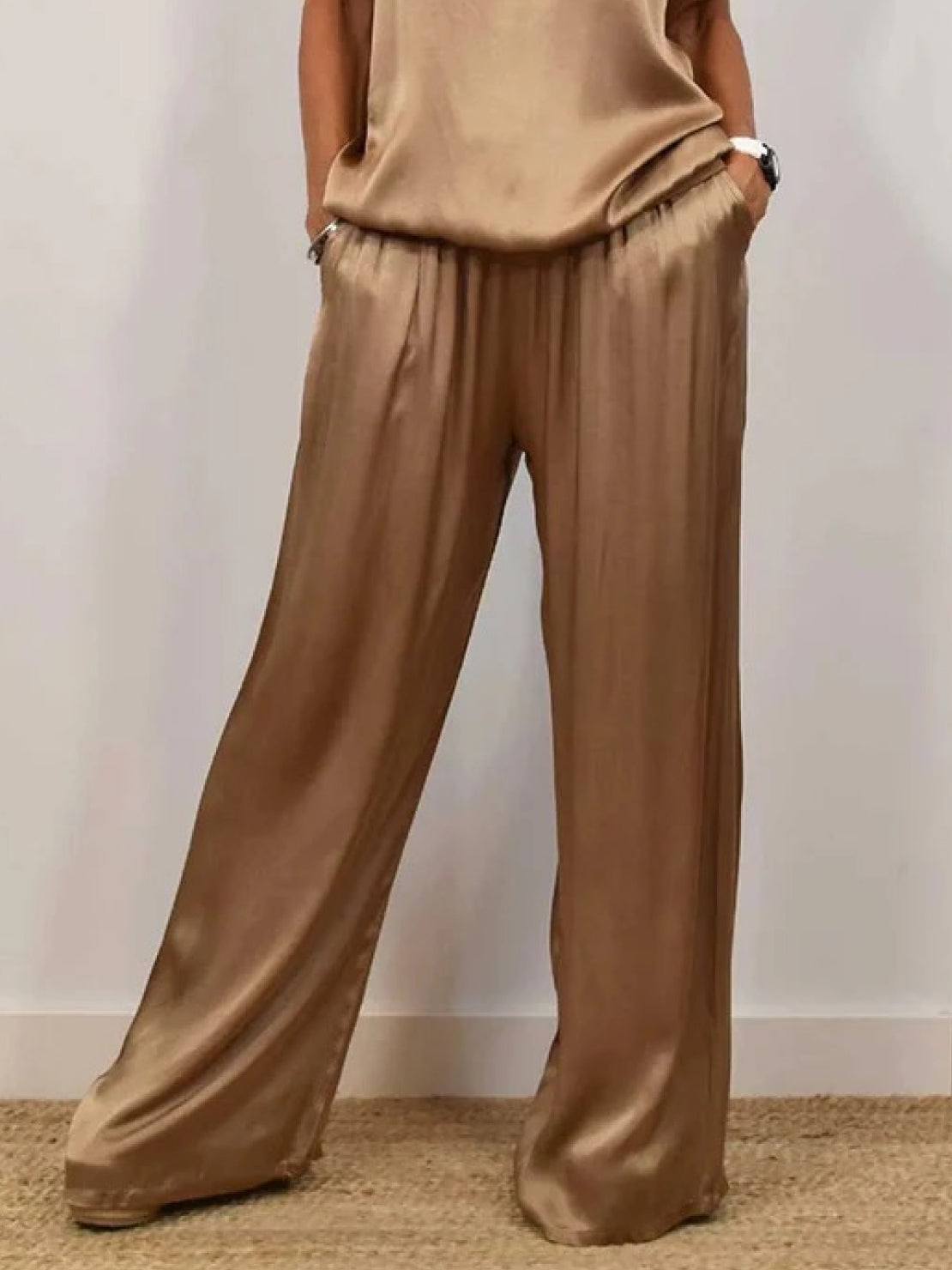 Elegant Silken Escape Satin Two-Piece Set with wide-leg pants and slimming top in flowing satin fabric