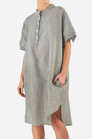 Striped gauze shirt dress in linen cotton blend with button fastening and short sleeves