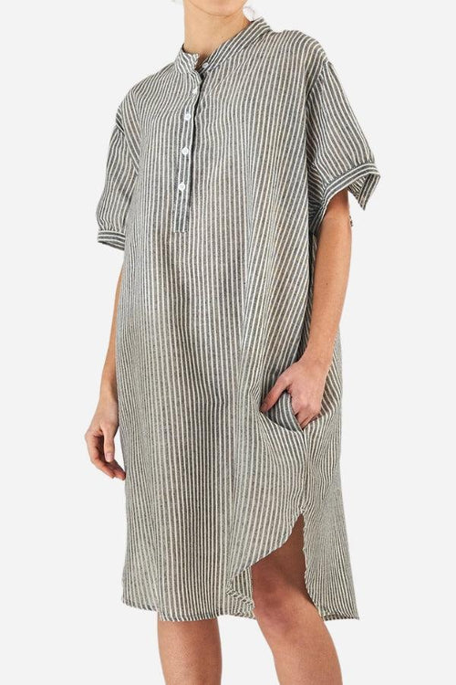 Striped gauze shirt dress in linen cotton blend with button fastening and short sleeves