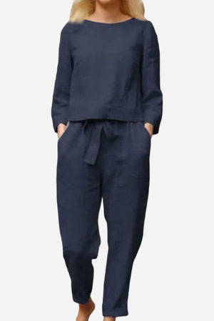100% cotton linen monochrome navy blue two-piece women's set with long sleeves and pants
