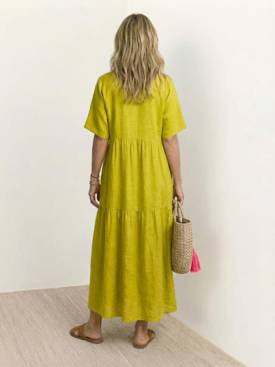 V-neck two-tiered maxi swing dress in flowy cotton with irregular hemline and draped sleeves