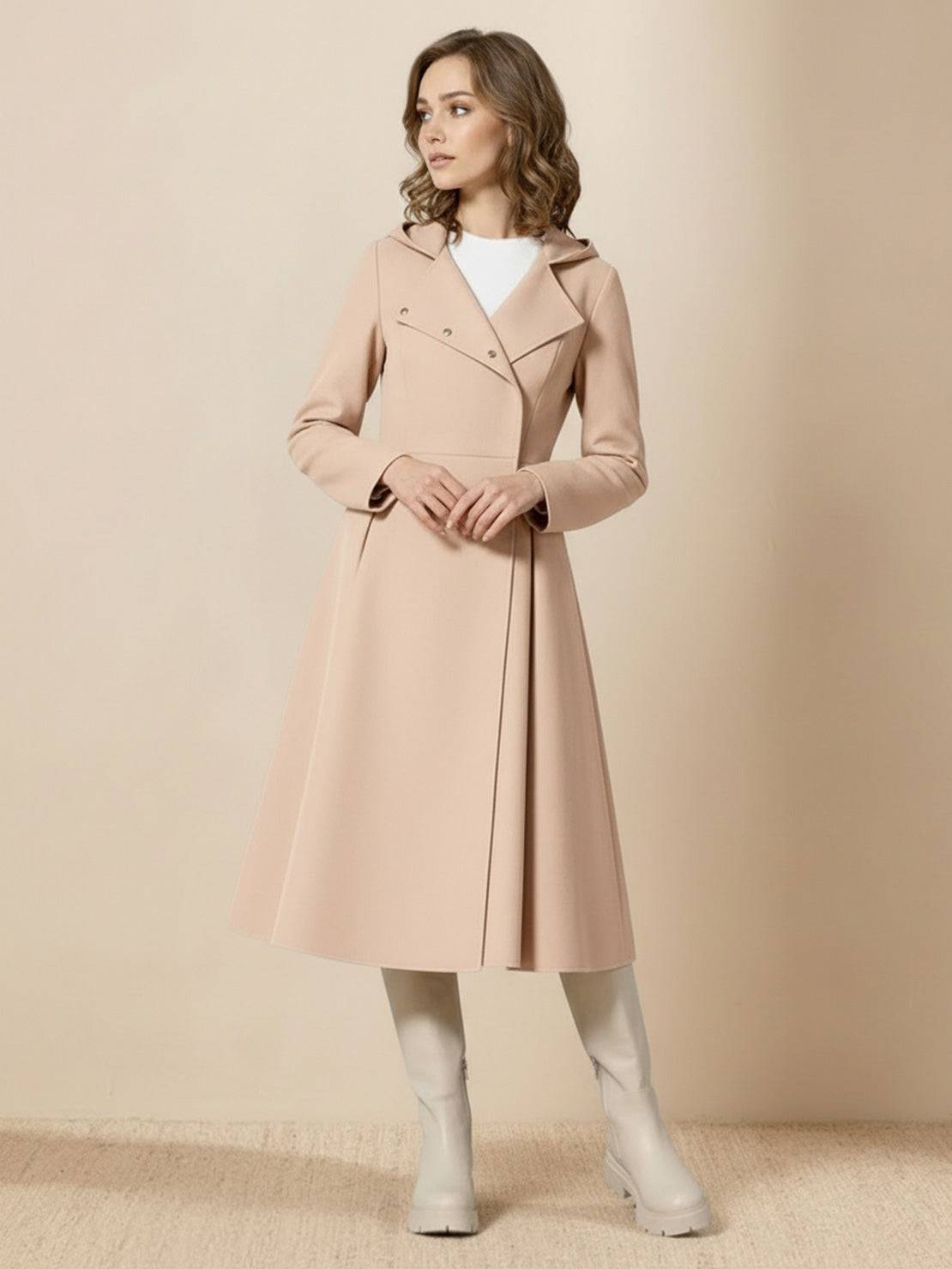 Elegant water-repellent A-line hooded raincoat for women with belt and insulated lining