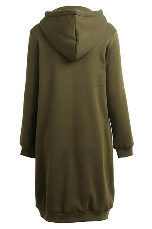 Olive green oversized long zip sweatshirt hoodie with fleece lining and hood, back view