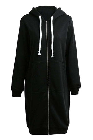 Black oversized long zip sweatshirt hoodie with fleece lining and white drawstrings
