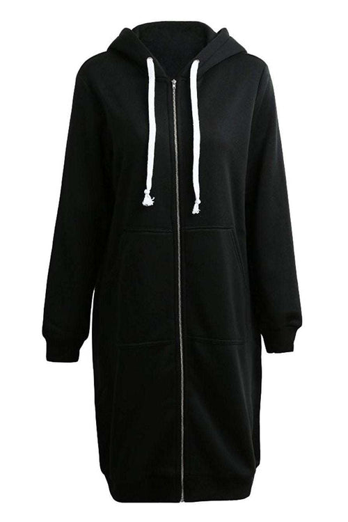 Black oversized long zip sweatshirt hoodie with fleece lining and white drawstrings
