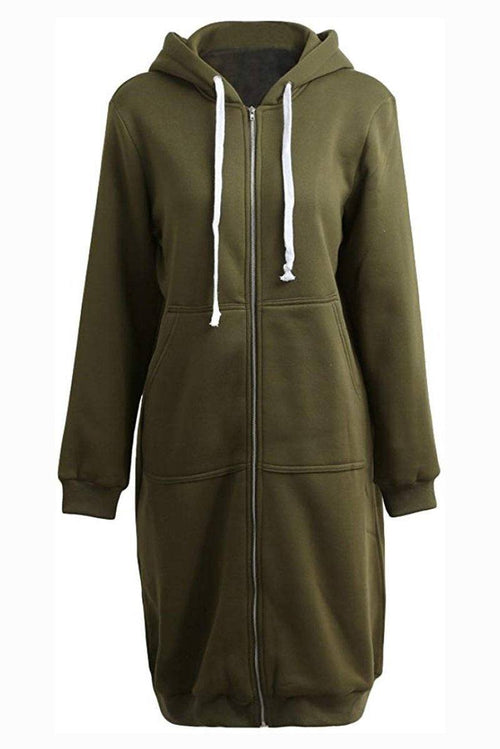 Oversized long zip sweatshirt hoodie with fleece lining and drawstring hood in olive green