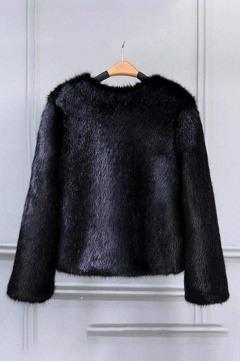 Black bold faux fur luxe jacket with V neckline and button front closure