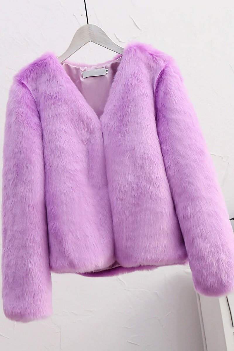 bold faux fur luxe jacket in soft pink with V neckline and button front closure